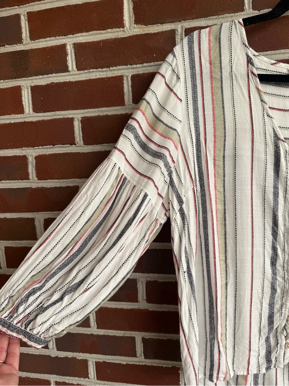 Liverpool White Button-Front Blouse with Navy, Red & Olive Stripes - Picture 3 of 9